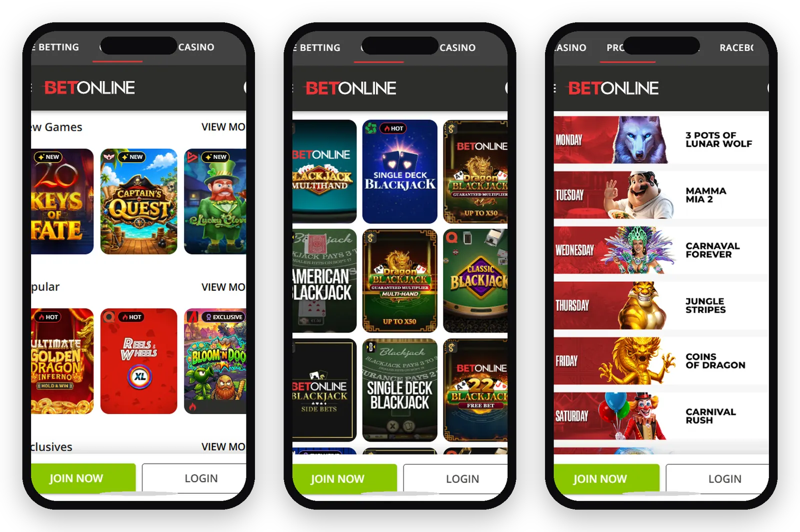 BetOnline mobile screens in phone frames: casino lobby, blackjack, and daily promotions