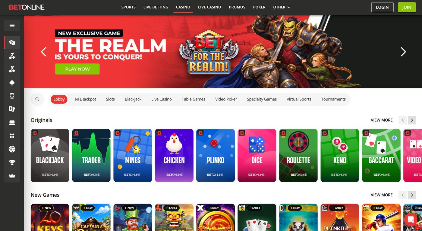 BetOnline Casino lobby where welcome spins are played