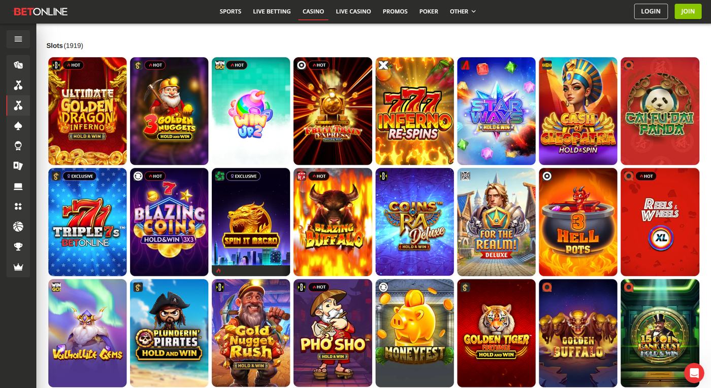BetOnline slots lobby, the grid where daily free spins are assigned