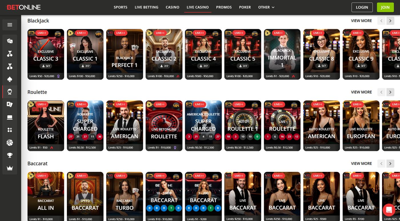 BetOnline live blackjack, roulette, and baccarat