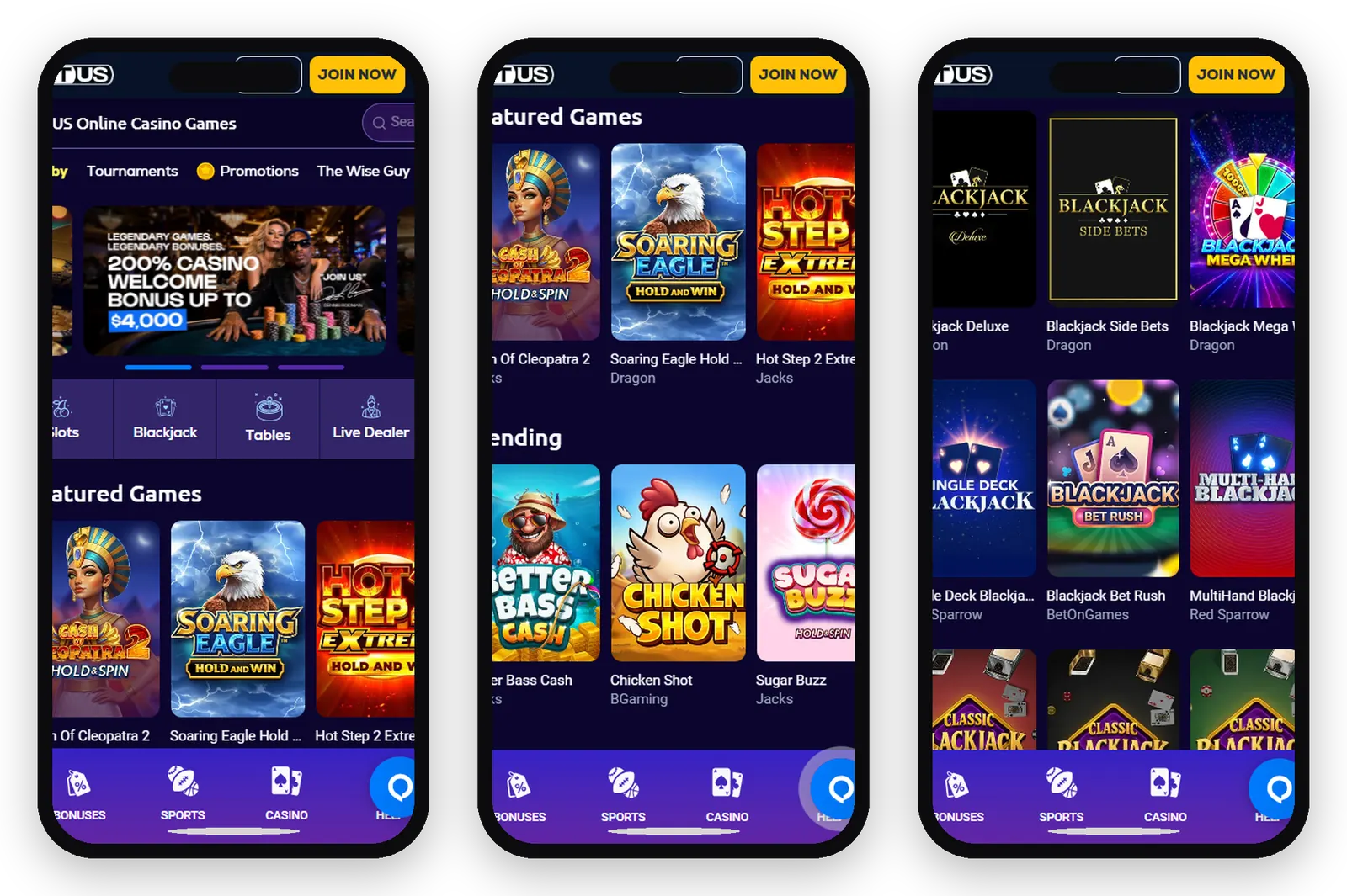 BetUS mobile screens in phone frames: lobby, featured games, and blackjack