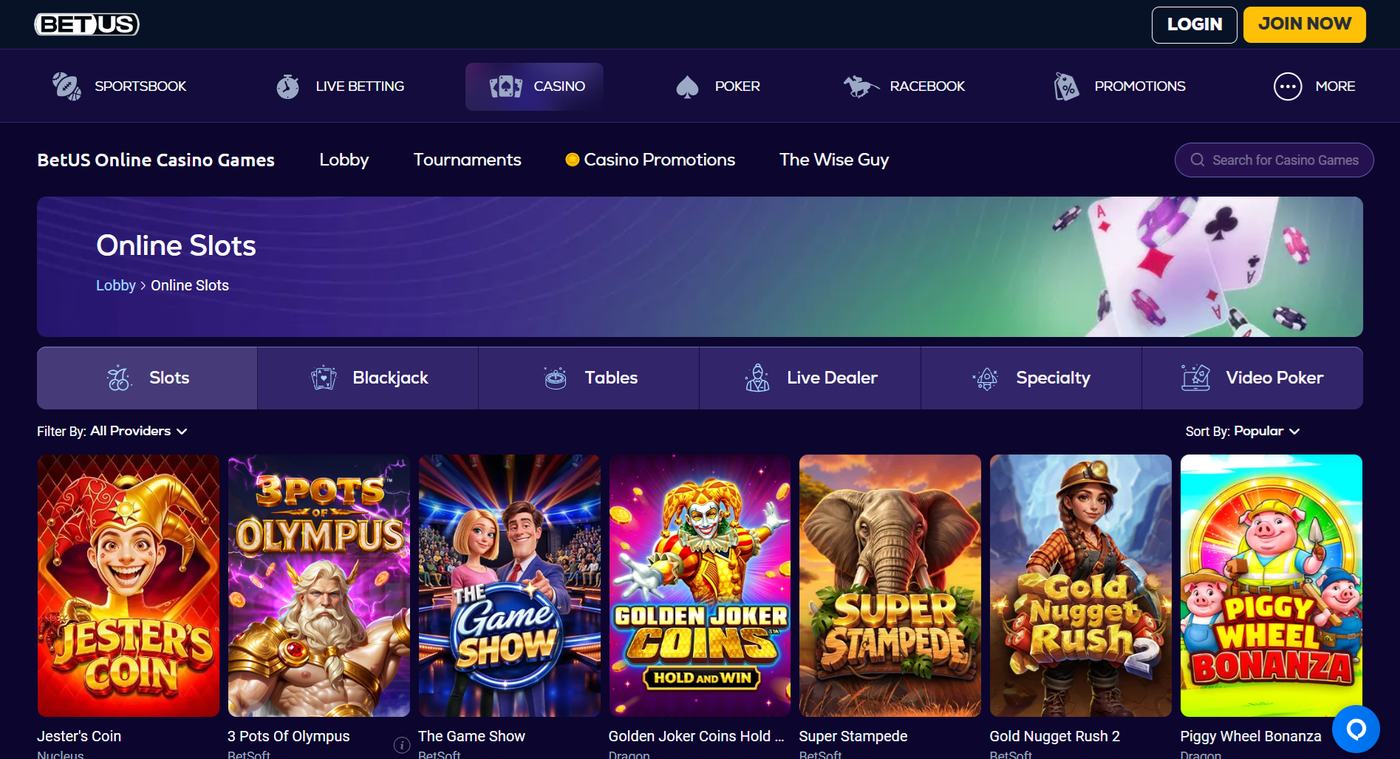 BetUS slots grid where casino bonus play is available