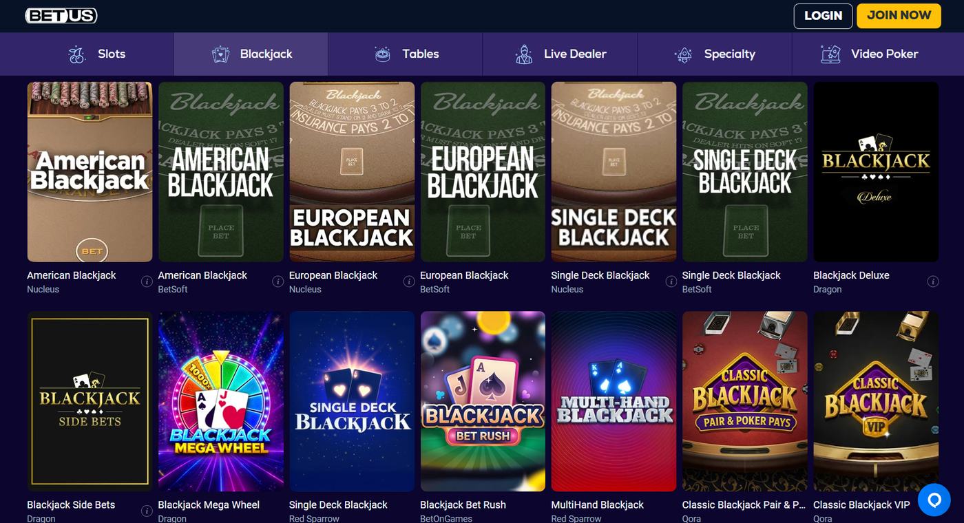 BetUS blackjack grid with American, European, and single deck tables