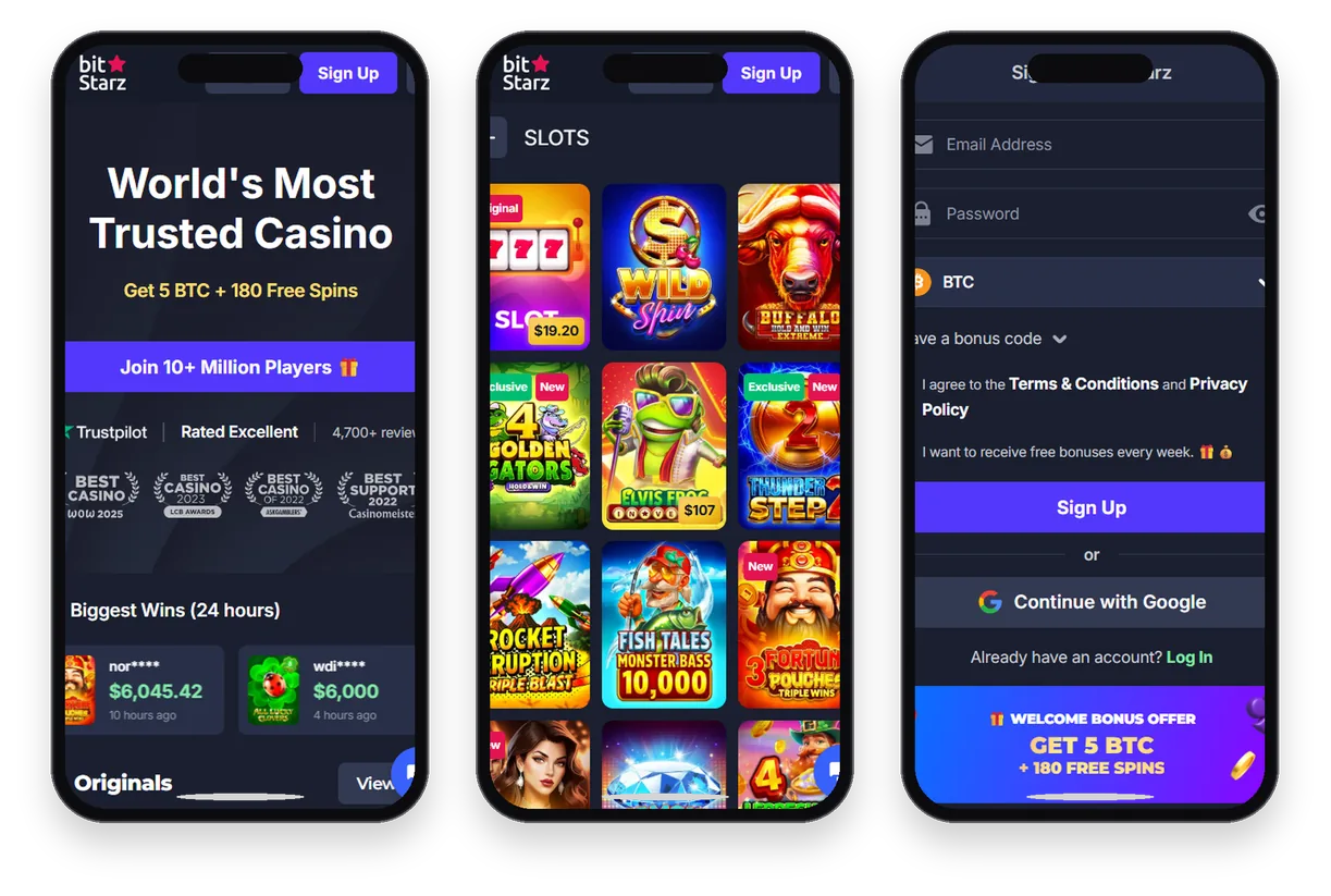 BitStarz Casino mobile screens in phone frames