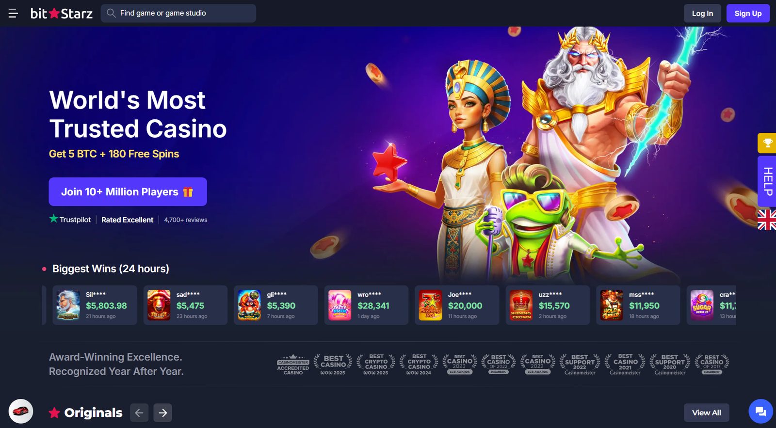 BitStarz homepage with the 5 BTC and 180 free spins welcome