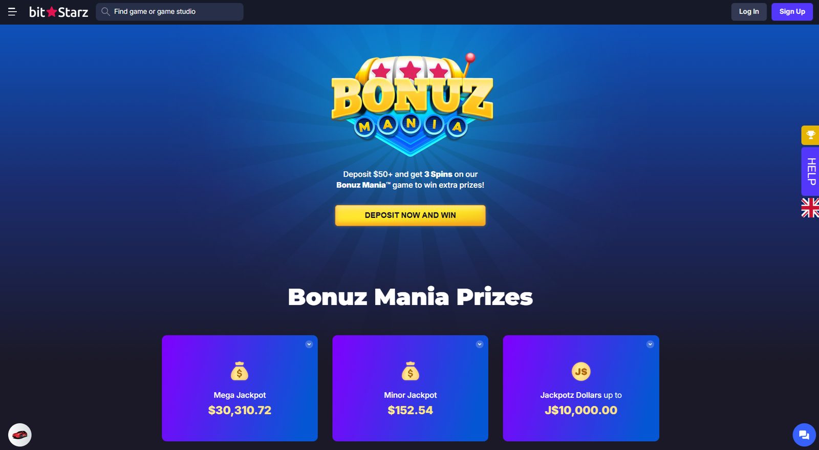 BitStarz Bonuz Mania page with a 50 dollar deposit for 3 spins