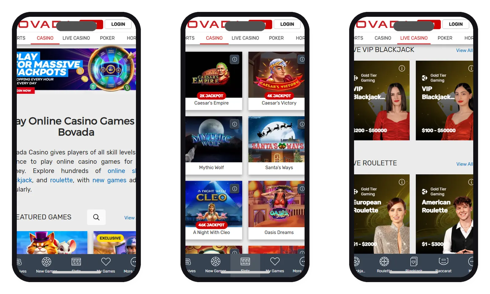 Bovada Casino mobile screens in phone frames