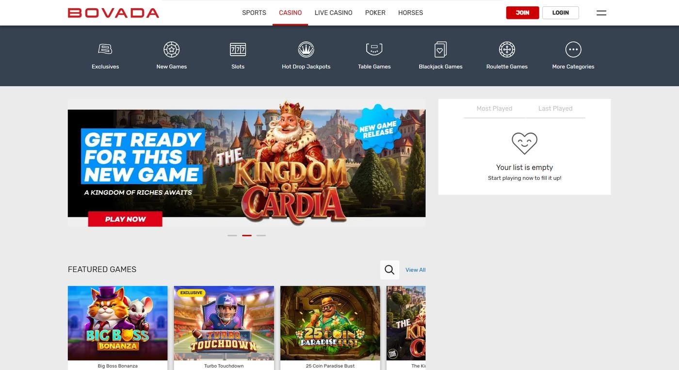 Bovada casino lobby with featured games and The Kingdom of Cardia