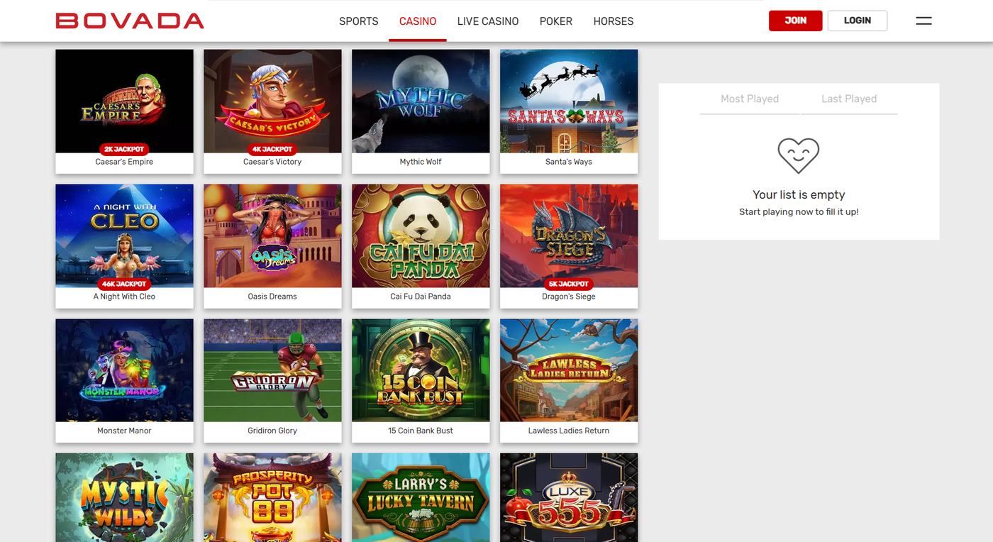 Bovada slots including A Night With Cleo and Gridiron Glory