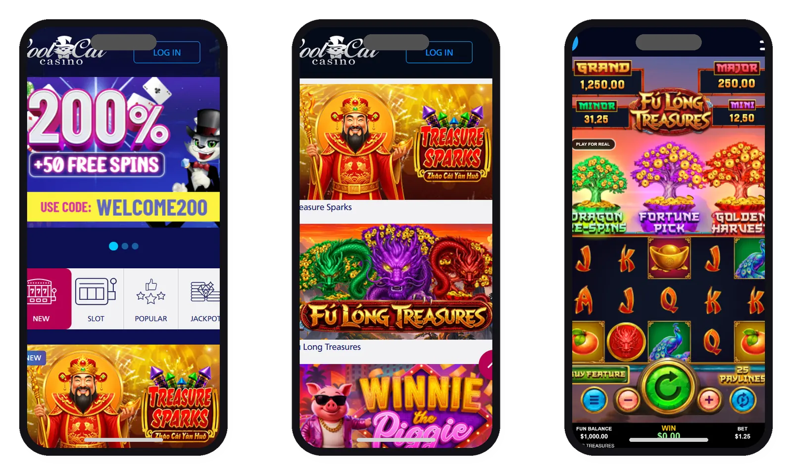 CoolCat Casino mobile screens in phone frames