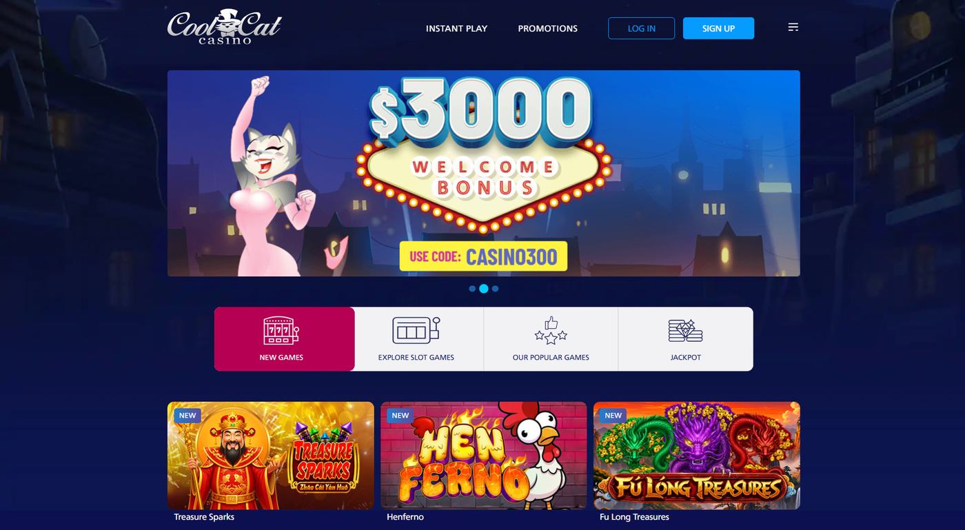 CoolCat homepage slide with a 3000 dollar welcome and code CASINO300