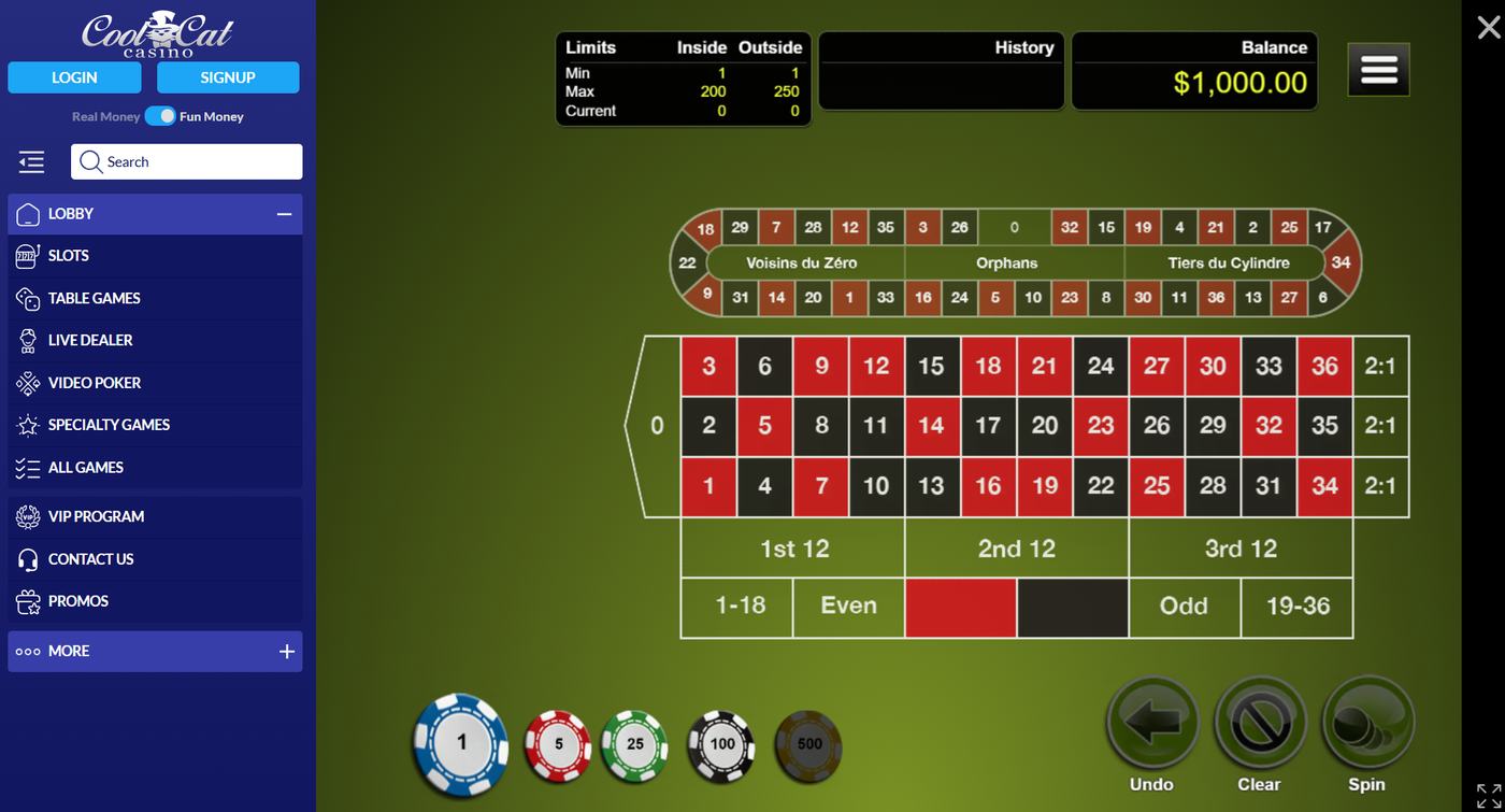 CoolCat roulette table in fun money with lobby filters