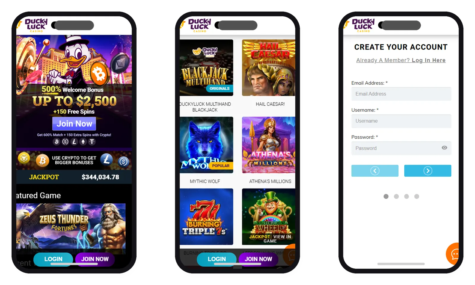 DuckyLuck Casino mobile screens in phone frames