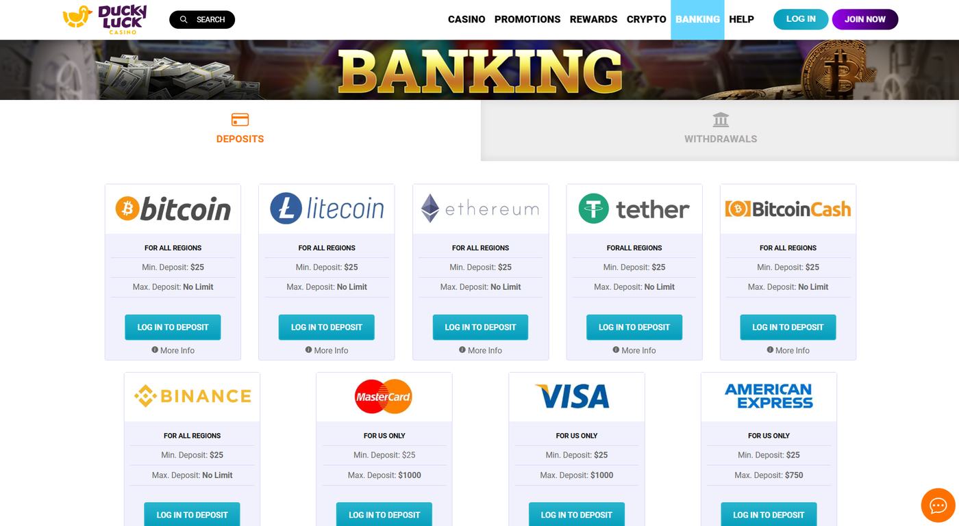DuckyLuck banking deposits for Bitcoin, Visa, and Mastercard