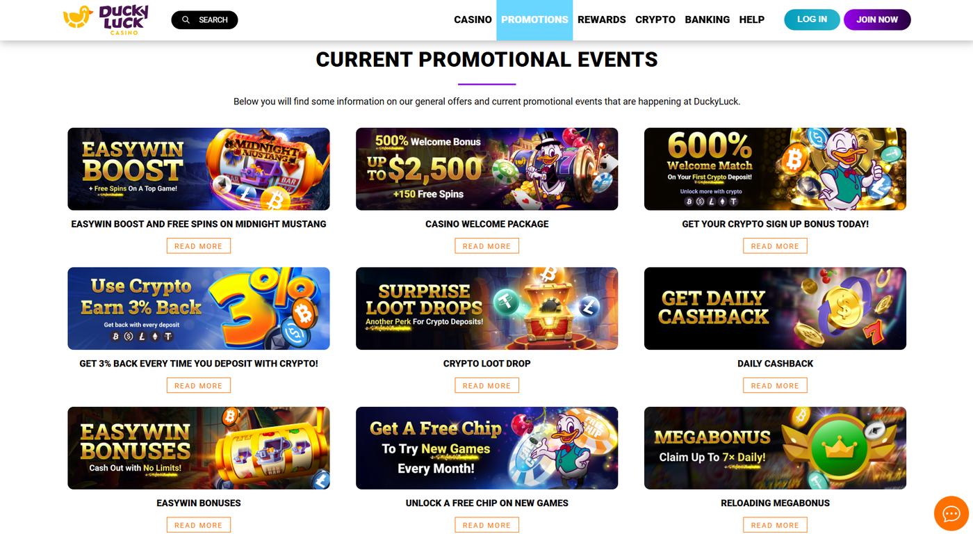 DuckyLuck promotions list with the 500 percent and 600 percent cards