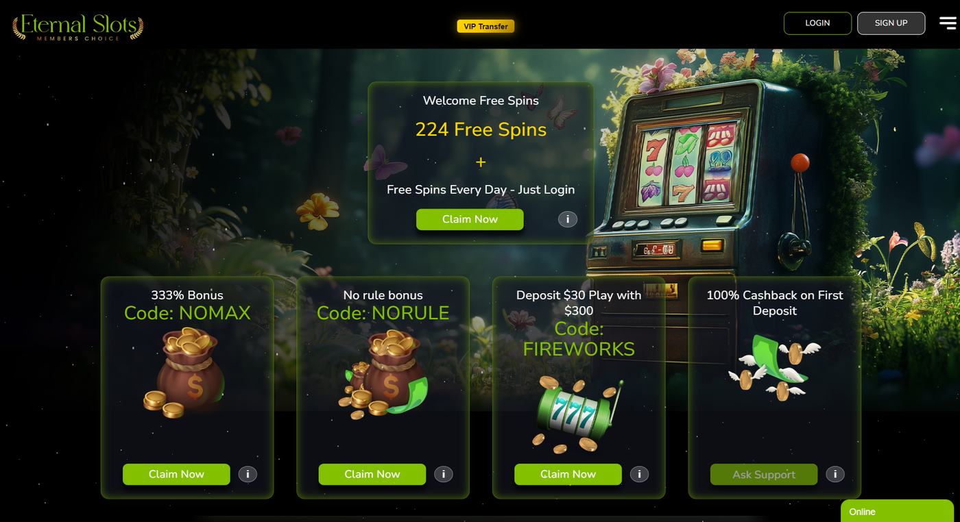 Eternal Slots homepage with NOMAX, NORULE, and FIREWORKS