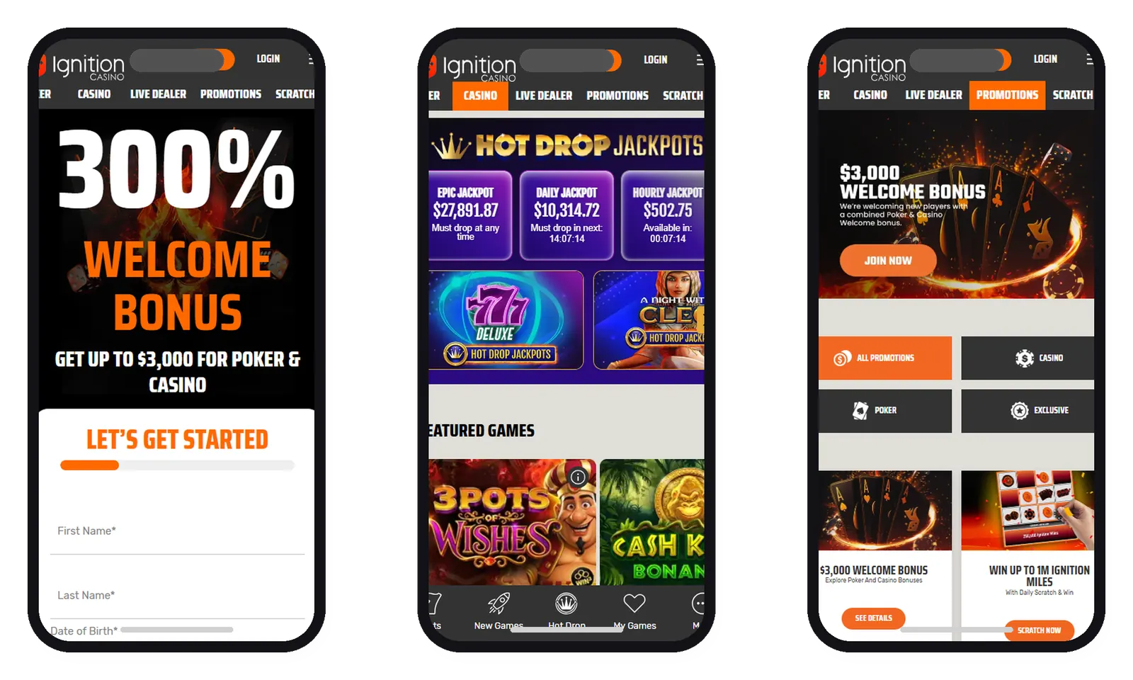 Ignition Casino mobile screens in phone frames