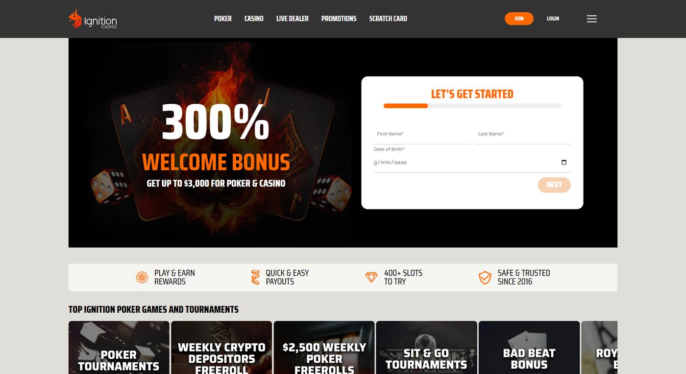 Ignition Casino homepage with the 300 percent welcome bonus