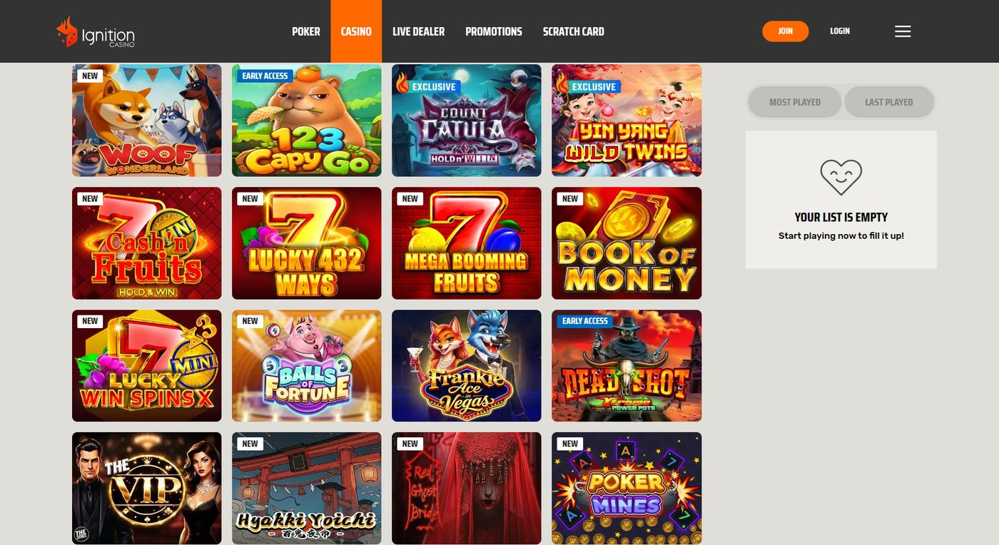 Ignition Casino newest slot and specialty game tiles
