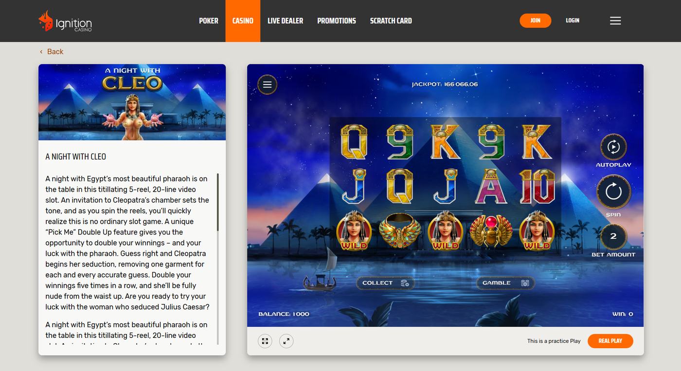 A Night With Cleo slot in practice mode at Ignition Casino