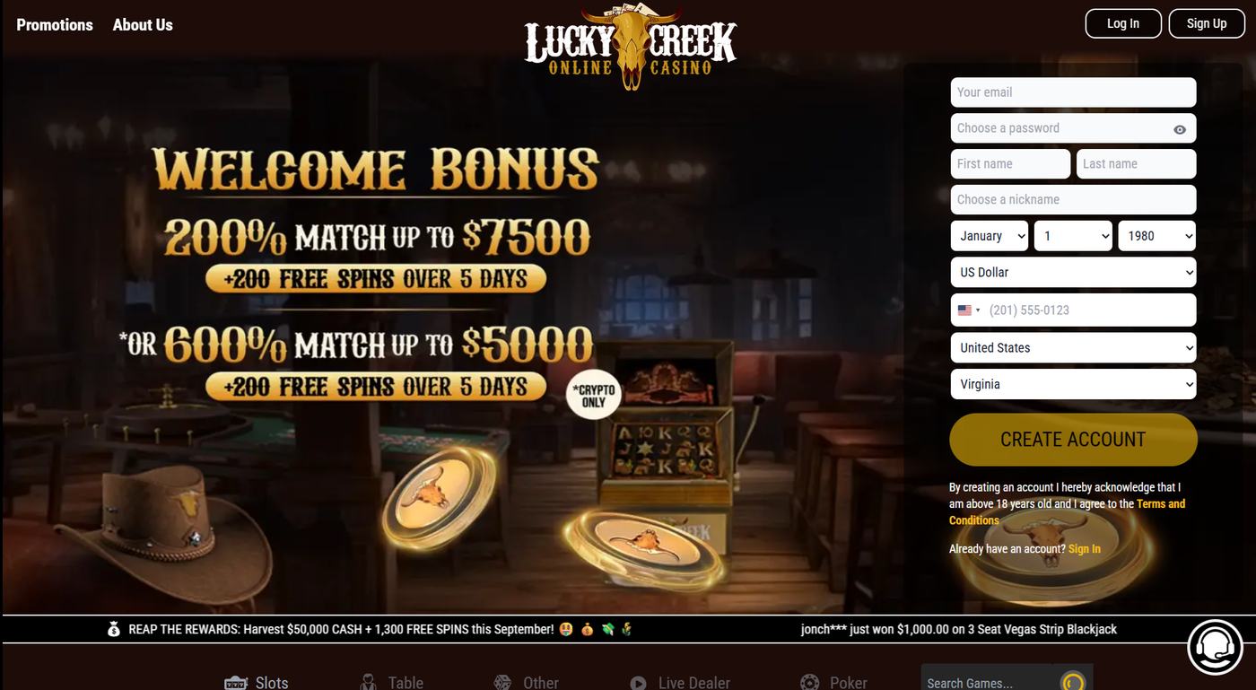 Lucky Creek homepage welcome bonus beside the signup form