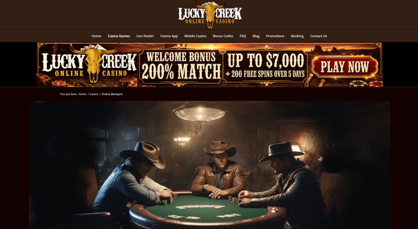 Lucky Creek online blackjack page with a western card table