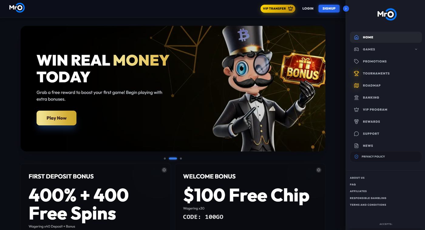 MrO Casino homepage with KICKOFF and the 100GO chip