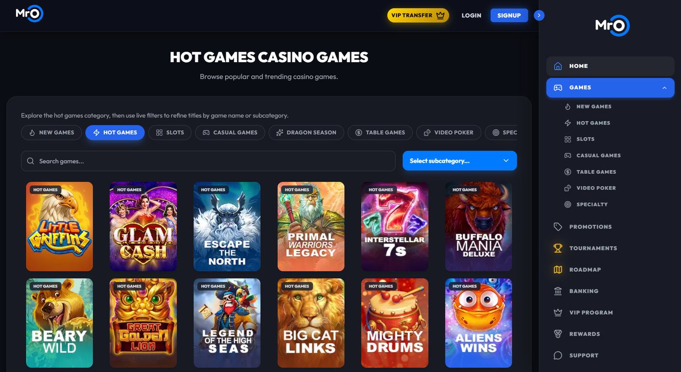 MrO Casino hot games including slots and filters