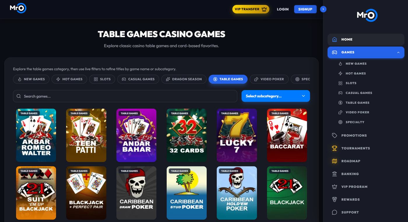 MrO Casino table games including blackjack and baccarat