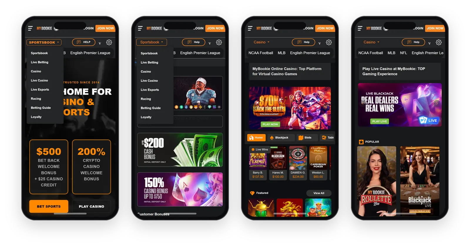 MyBookie mobile screens in phone frames: homepage, bonus board, casino lobby, and live casino