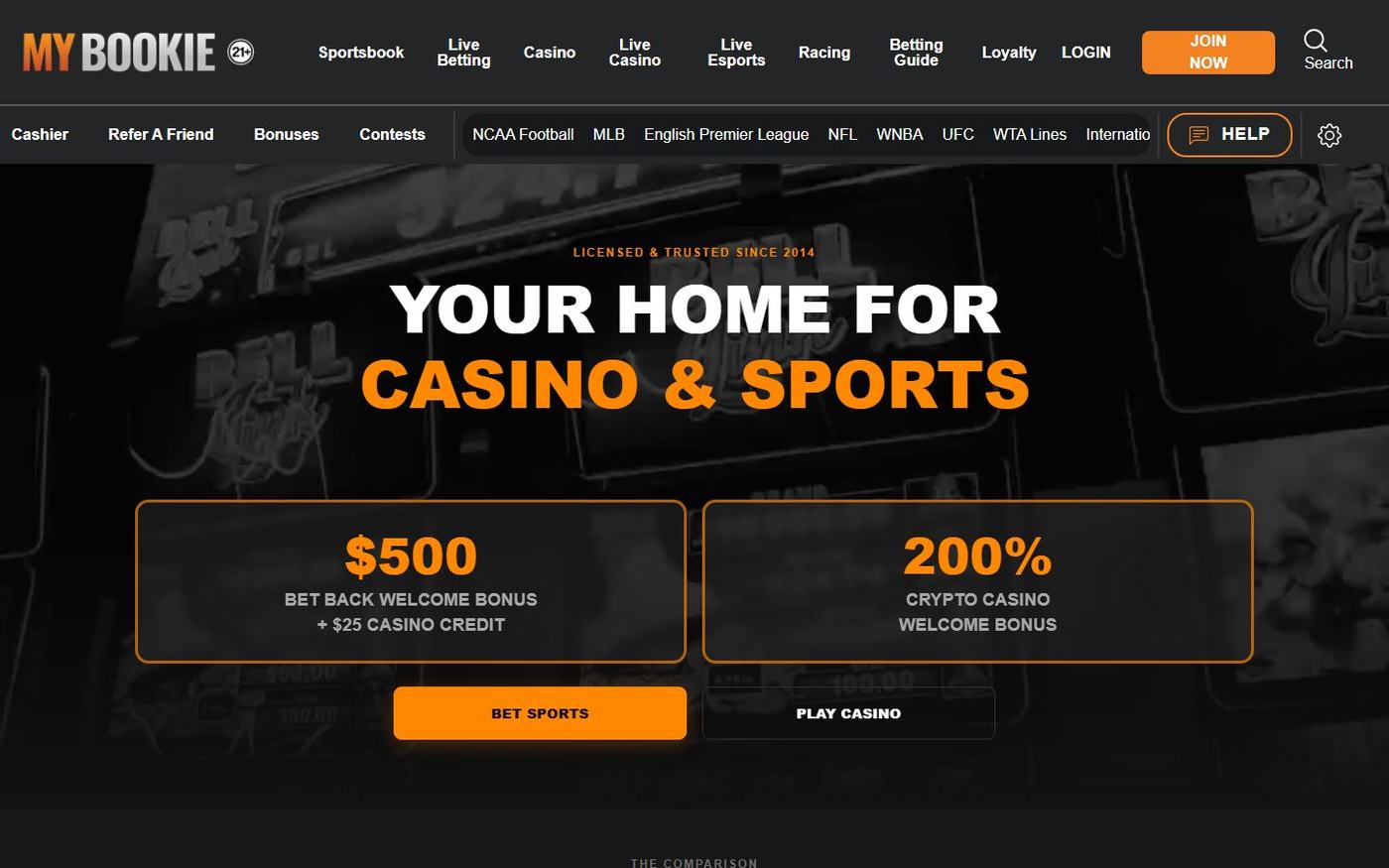 MyBookie homepage with the Licensed and Trusted Since 2014 banner, bet-back welcome bonus, and 200% casino match offer