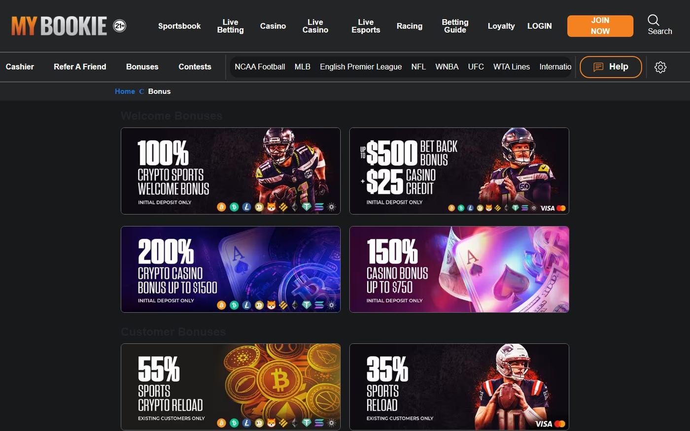 MyBookie bonus board showing welcome crypto match, bet-back bonus, 200% casino welcome, and customer reload offers