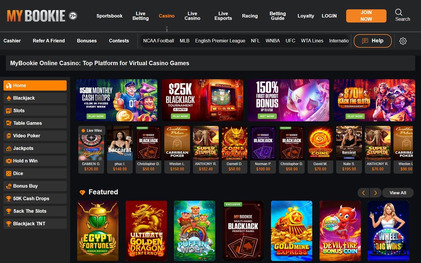 MyBookie online casino lobby with category sidebar, promotional banners, and featured slot and blackjack tiles