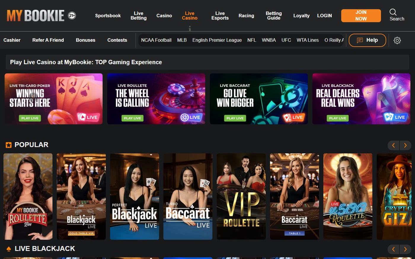 MyBookie live casino page with live roulette, blackjack, baccarat, and poker tables