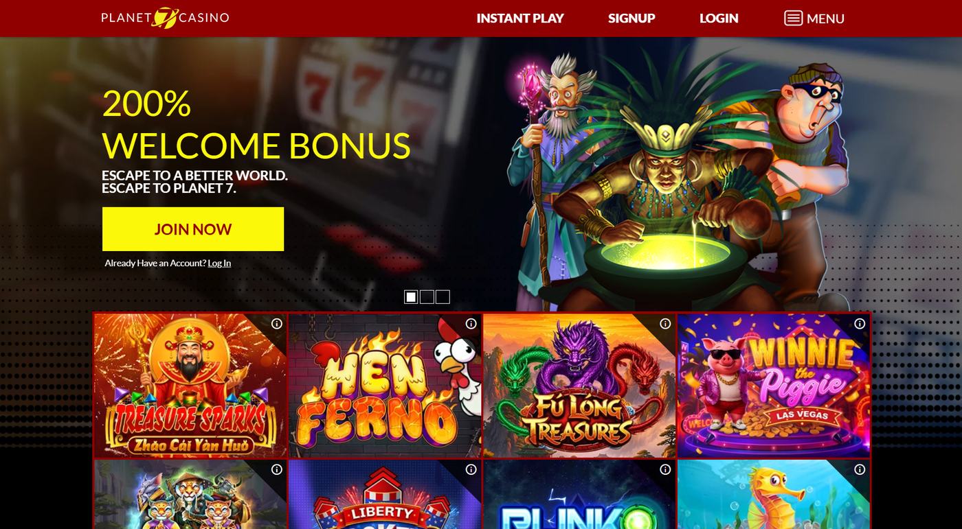 Planet 7 homepage with the 200 percent welcome bonus
