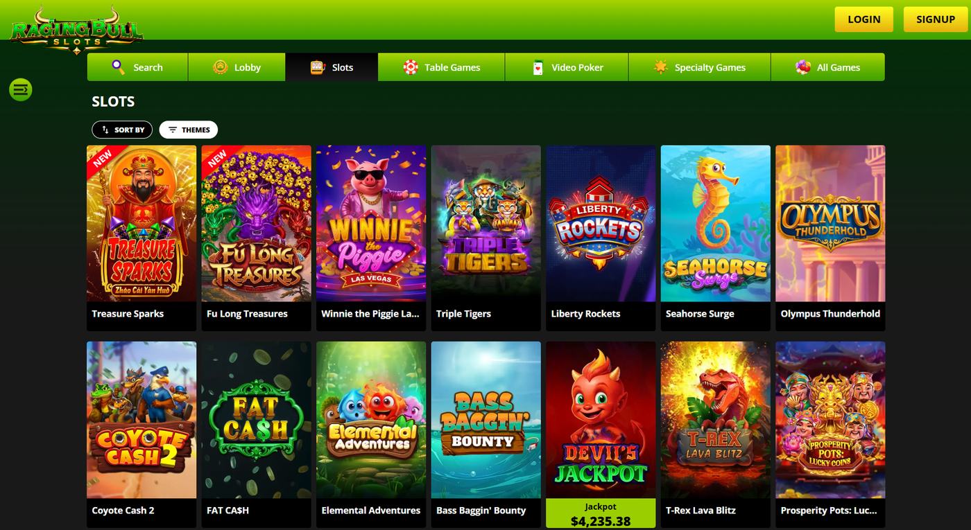 Raging Bull slots grid with Sort By and Themes