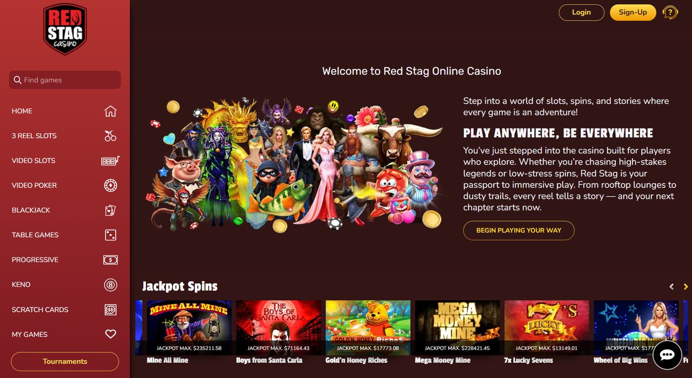 Red Stag homepage section with jackpot spin games