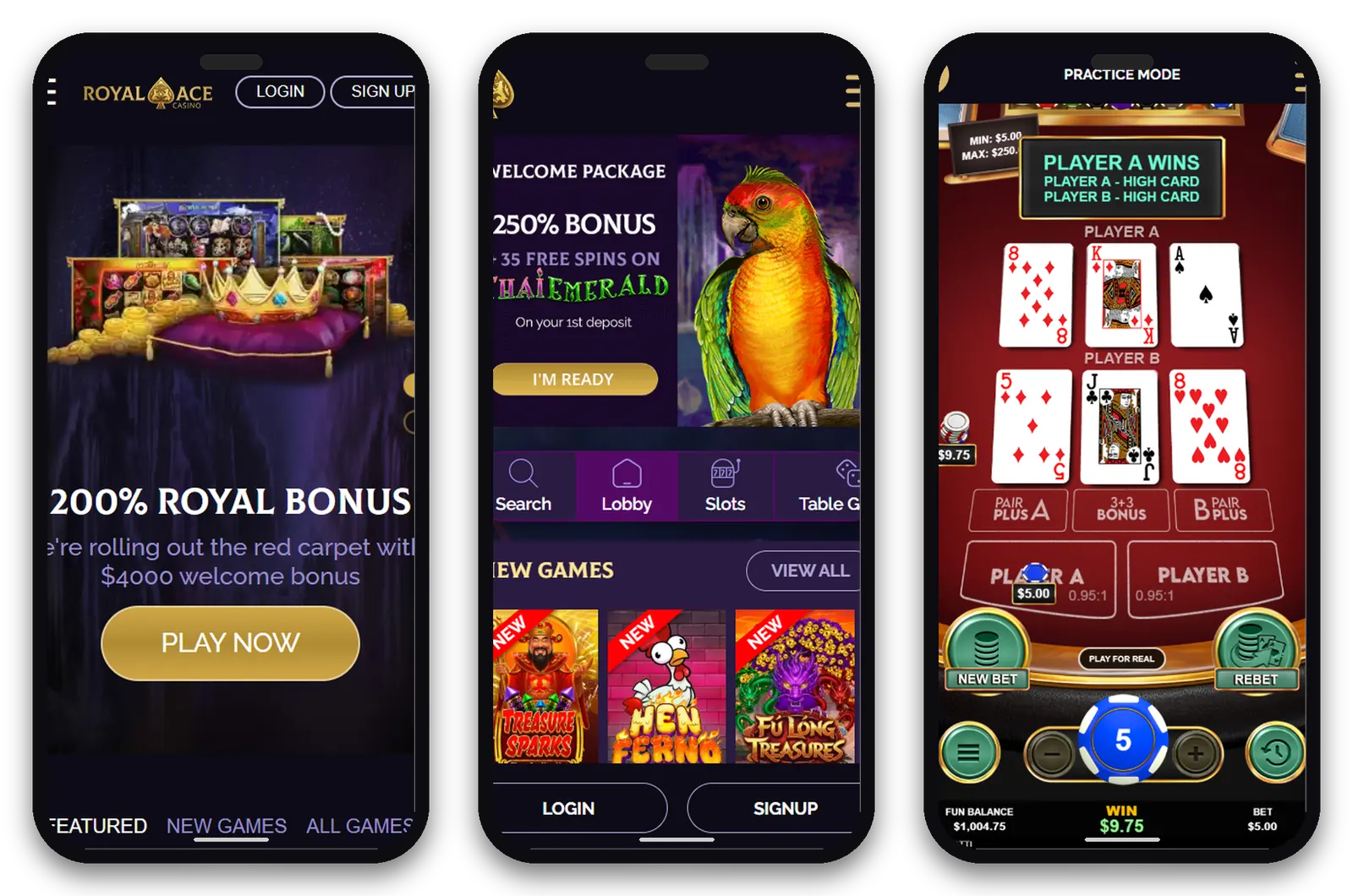 Royal Ace mobile screens in phone frames