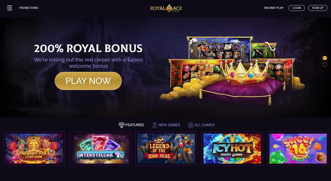 Royal Ace homepage featuring the 200 percent welcome banner