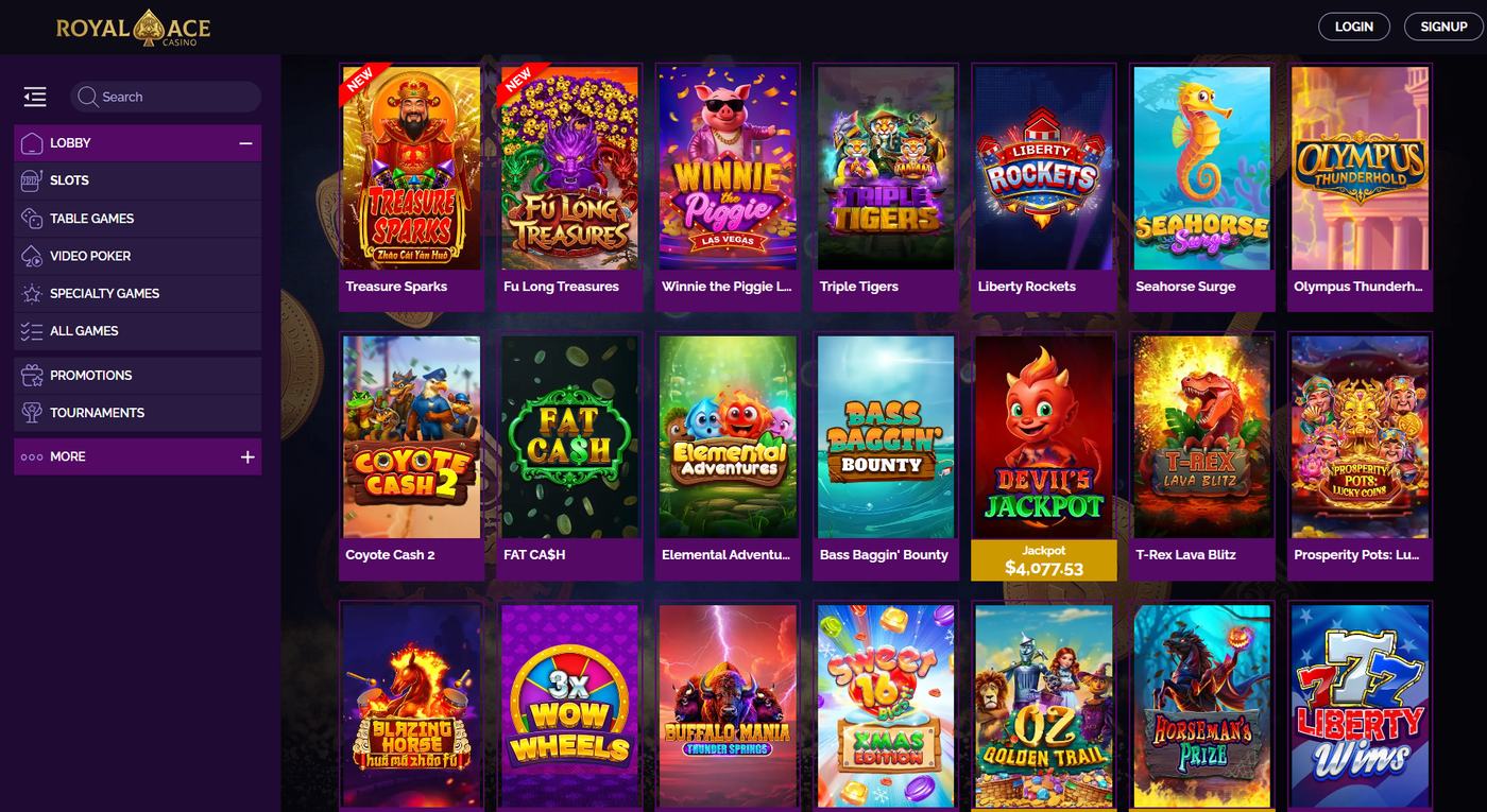 Royal Ace slots lobby including Treasure Sparks