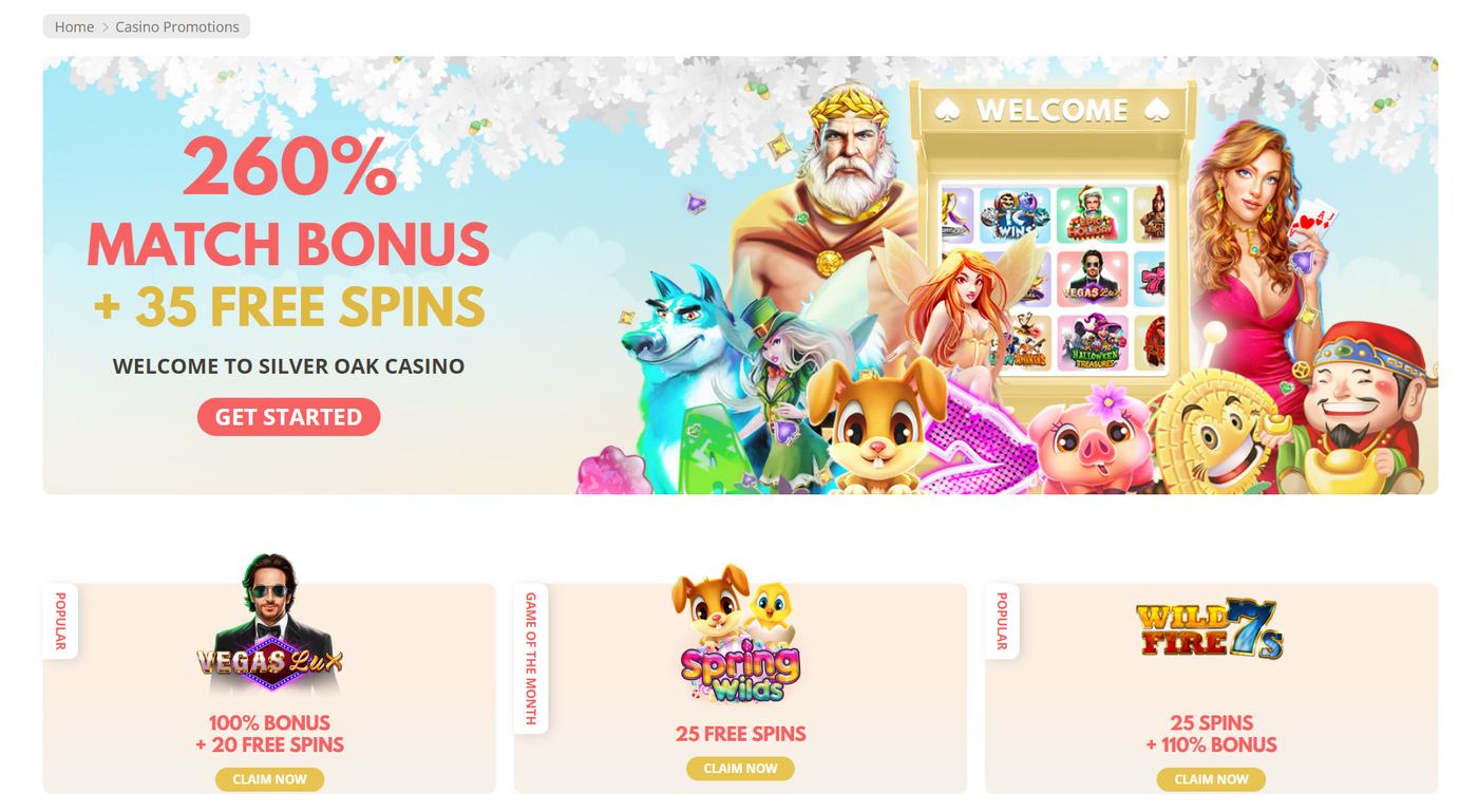 Silver Oak promotions page with a 260 percent match and 35 free spins