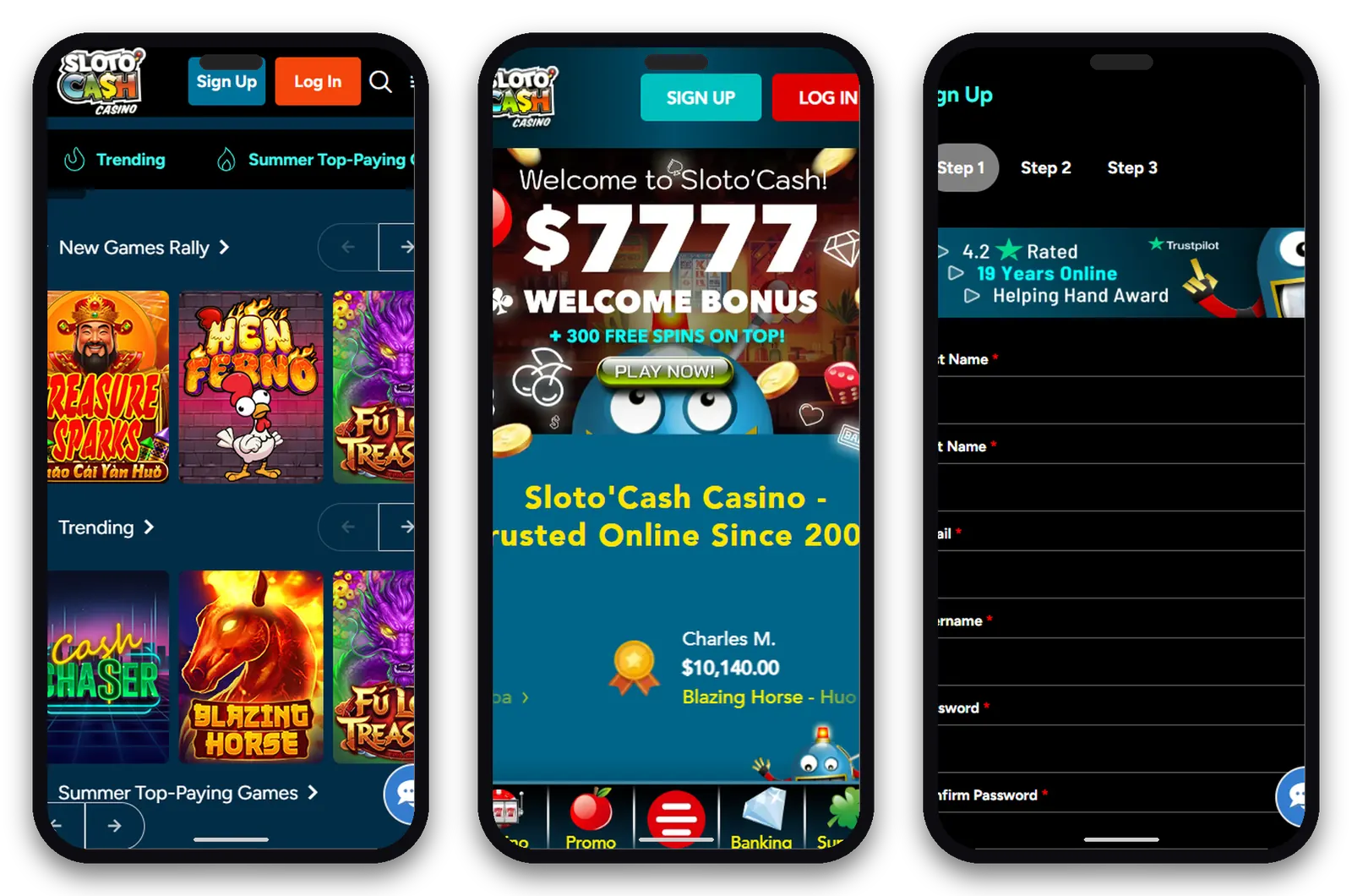 SlotoCash mobile screens in phone frames